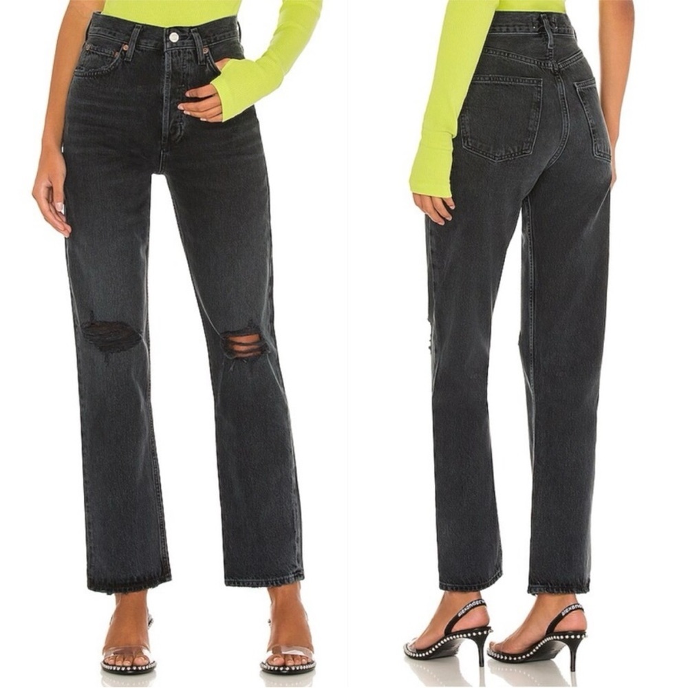 Agolde Black High Rise Straight Leg Jeans 90s Pinch Waist Distressed Knees 24